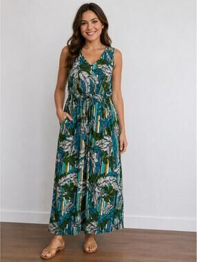 APT. 9 Tropical Leaf Maxi Dress Large Blue‎ Green Resort Vacation Cruise Dress